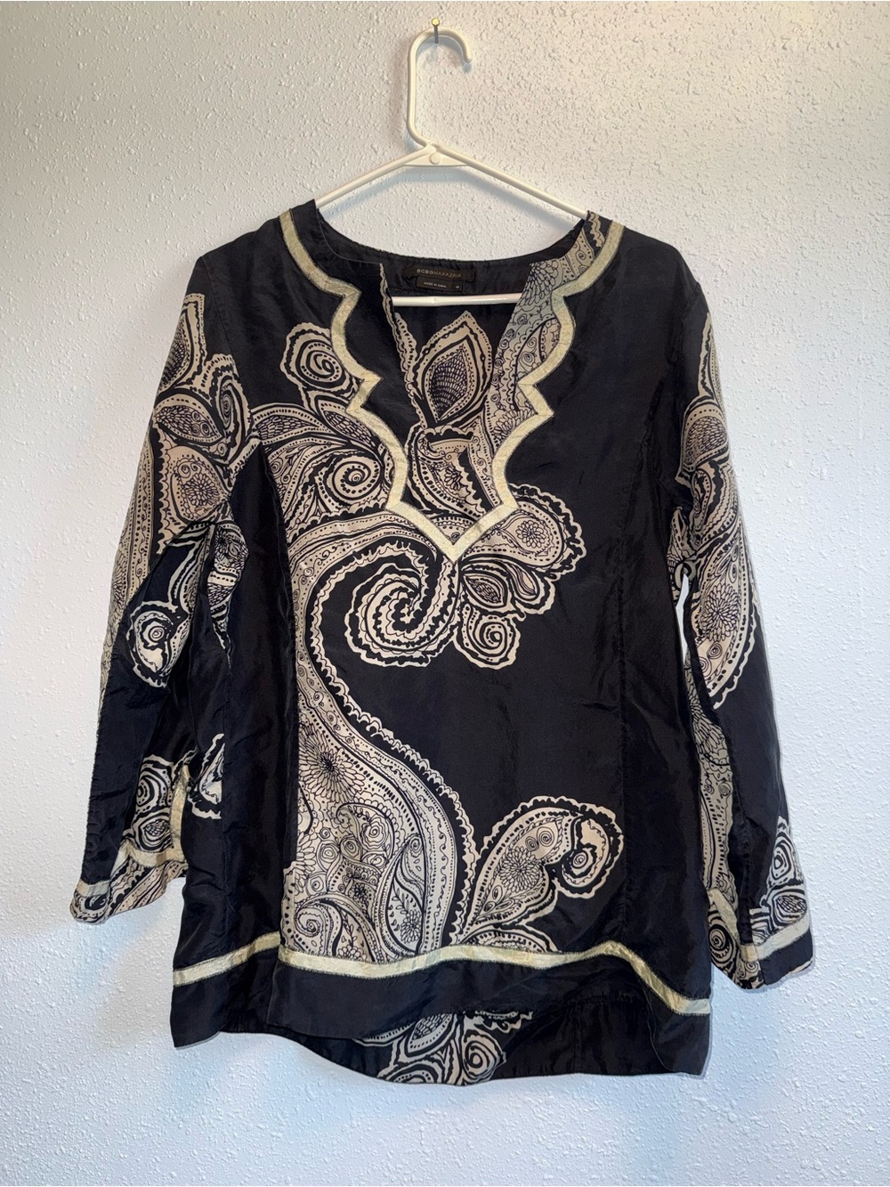 BCBGMaxAzria Black Silk Tunic with Cream Paisley Trim